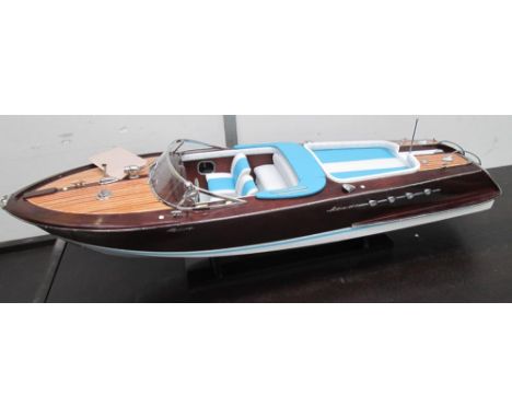 MODEL OF A SPEEDBOAT, Riva Style, on stand, 88cm L x 29cm D x 26cm H. 