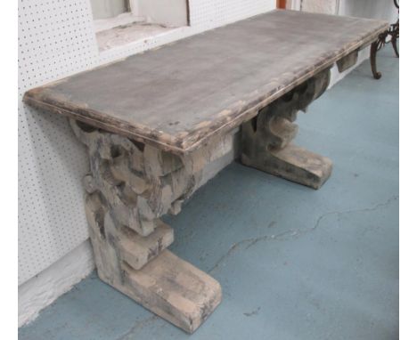CONSOLE TABLE, wooden style made from a moulded synthetic material on carved style corbel  supports in distressed finish, 150