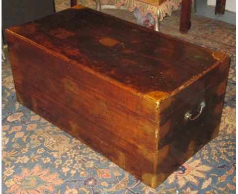 TRUNK, 19th century Anglo-Chinese stained camphorwood and brass bound with hinged top and side handles, 46cm H x 103cm W x 52