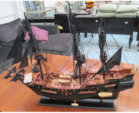 HANDMADE MODEL, of 'The Black Pearl' after 'Pirates of the Carribean' on stand, 109cm L x 87cm H. 