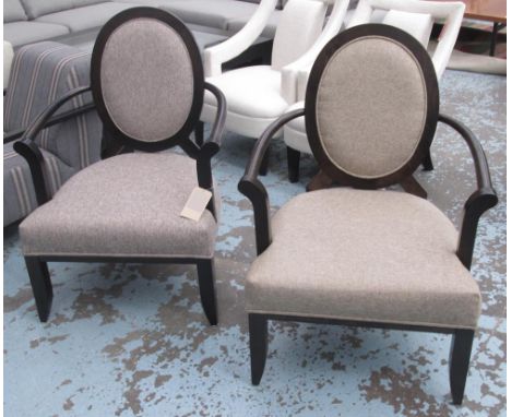 OPEN ARMCHAIRS, two, French style, with an oval back, one with oatmeal upholstery and another having a lighter oatmeal uphols