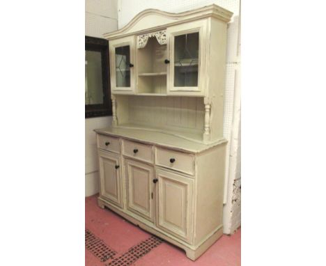 DRESSER, late 20th century painted cream, ebonised handles, three drawers over three doors, enclosing shelf, two leaded glass