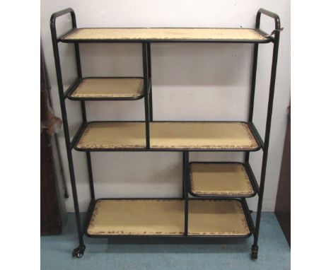 INDUSTRIAL STYLE SHELF, on wheels in distressed metal with cream shelves, 45cm D x 147cm H x 113cm W. 