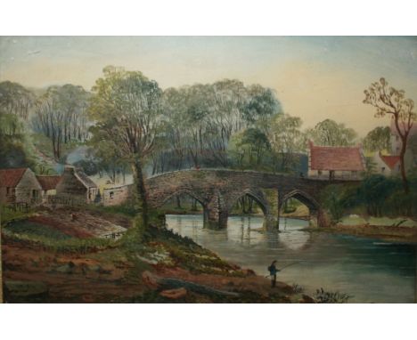 W R, MONOGRAMMED AND DATED  84 LOWER LEFT, OIL ON BOARD, River Landscape with Bridge and Angler, 12  x 17 =  
