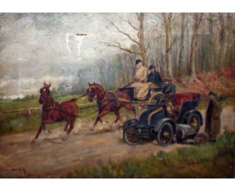 W H H, INITIALLED LOWER LEFT, OIL ON CANVAS, Landscape with Horse and Trap, Vintage Car etc, 10  x 14 , unframed 