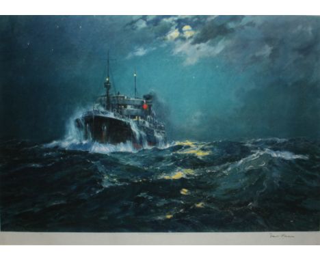 FRANK HENRY MASON, SIGNED IN PENCIL TO MARGIN, COLOURED LITHOGRAPH (PUBLISHED 1936), Ocean Liner in Moonlit Heavy Sea, 14 =  