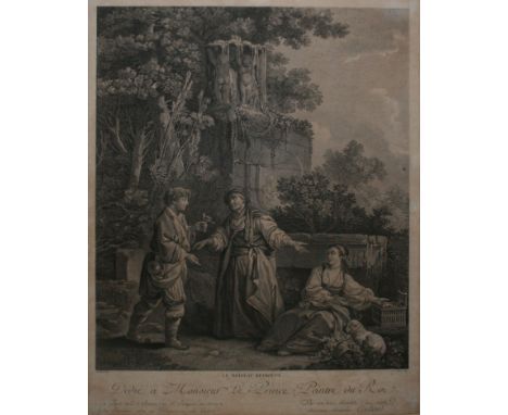 AFTER LE PRINCE, ENGRAVED BY R GAILLARD, ANTIQUE BLACK AND WHITE ENGRAVING,  Le Moineau Retrouve , 17  x 14  