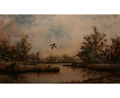 R J SCOTT, SIGNED AND DATED  69 LOWER LEFT, OIL ON BOARD, Woodcock in Flight over River, 15  x 23  TOGETHER WITH A FURTHER OI