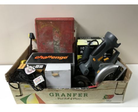 Two boxed Tooltec trestle stands, boxed mitre saw, box of power tools - hand saw, router, etc 