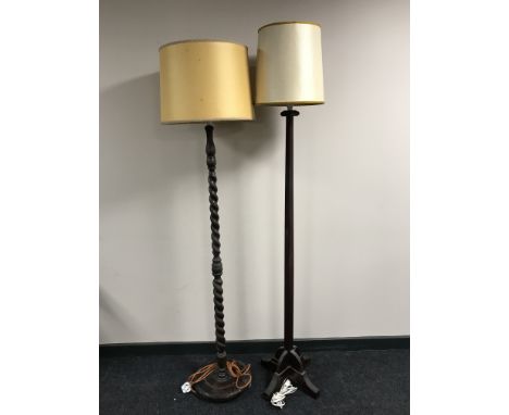 An oak standard lamp with shade and one other 