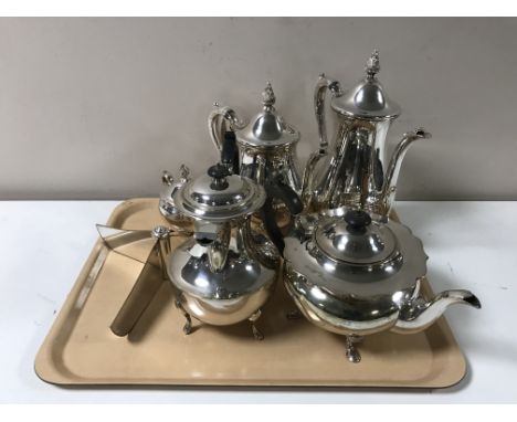 A tray of plated tea service, plated teapot and coffee pot etc