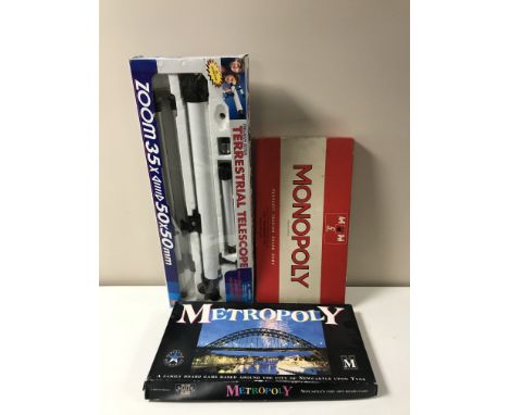 A boxed terrestrial telescope, boxed Subbuteo set and three boxed board games 