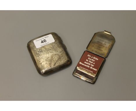 A silver cigarette case and a silver vesta containing Newcastle Brown matches