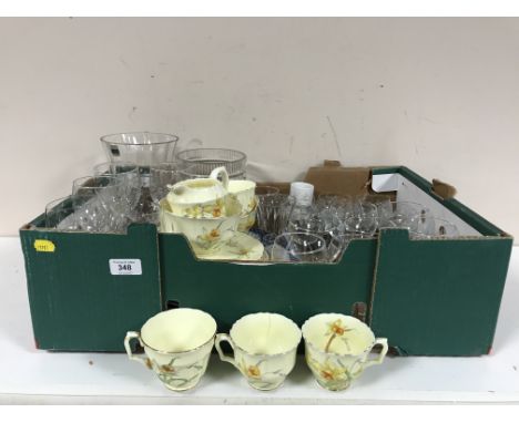 A box of part Crown Staffordshire tea service, lead crystal wine glasses, vases, meat plate etc 