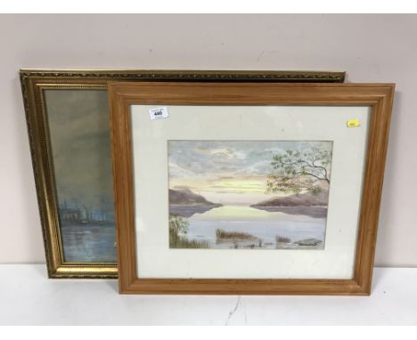 A pine framed watercolour "sunset over a lake" by L Marshall, framed oil on canvas - portrait signed T E Spence dated 1953, g