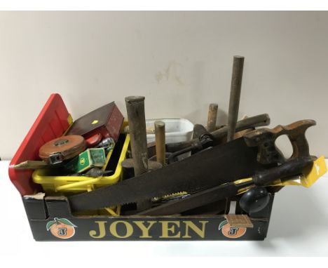 A metal tool box and leather case of vintage hand tools and hard ware 