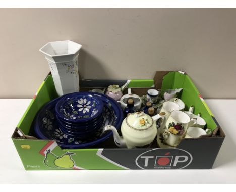 A box containing a Imperial bone china tea service, oriental china trio, pottery bowls, Royal Norfolk vase etc