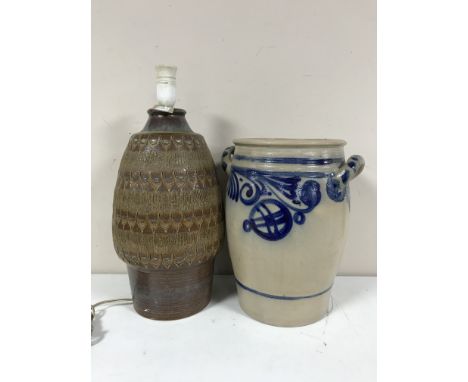 A Danish pottery table lamp and a salt glazed twin-handled pot 