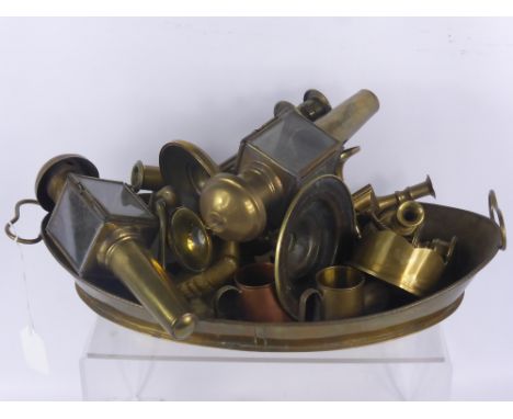 A Quantity of Brass, including two miniature coaching lamps, four sailing ships, two pigeons,  six taper light stands, a chaf