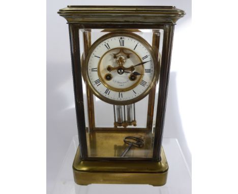 A Late 19th Century French Brass Mercury Pendulum Chiming Mantle Clock by G.P. Wehlen & Co., Paris, the clock back plate engr