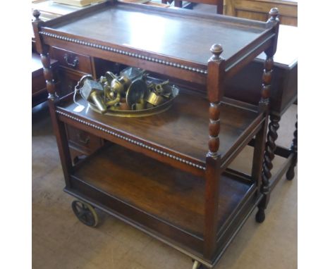 A Vintage Oak Tea Trolley/Cart, approx 44 x 78 x 105 cms, with three shelves, decorative beading and carved supports on large