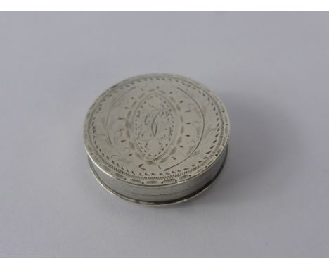 A Silver Hallmark 'Patch'  Box, engraved with bright cut decoration, Birmingham 1790 makers mark Samuel Pemberton.