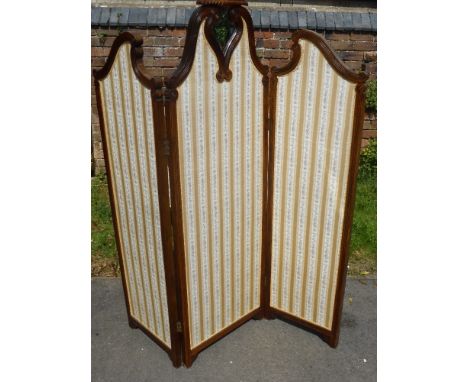 An Edwardian Three Panelled Dressing Screen, scalloped top, the central panel benefits from a mirrored top, embroidered Regen