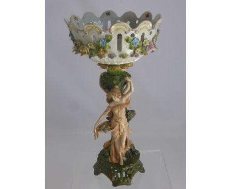 A Royal Vienna Dining Table Porcelain Centre Piece, the central column decorated with feminine figures, applied floral decora