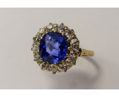 A Stunning Lady's Antique Vivid Cornflower Blue High Lustre Non Heat Treated 3.31 ct Ceylon Sapphire and Diamond Cluster Ring