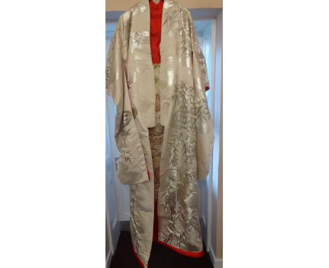 A 1950's Japanese Silk Kimono, ivory silk, beautifully embroidered in silver metallic thread,  depicting bamboo and cranes in