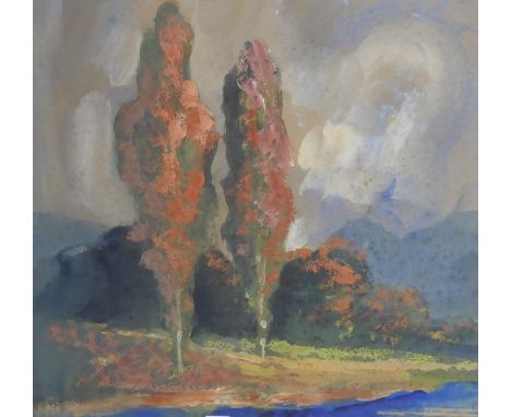 Hal Hurst, R.B.A., R.I., R.O.I., H.R.M.S., (1865 - 1938), an original on board entitled "Two Poplars in Landscape" No. 18273,