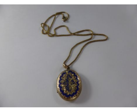 A 9 ct Gold and Blue Enamel Locket, on 9 ct gold chain (WF), approx wt 10 gms.
