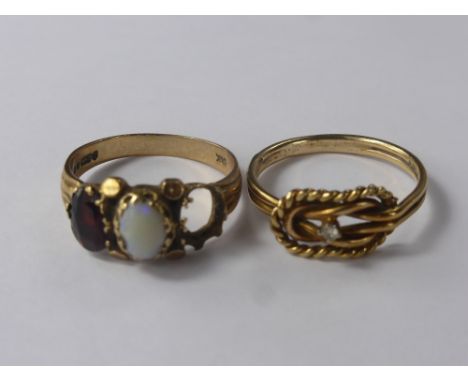 A Collection of Miscellaneous 9 ct Gold Jewellery, including garnet and opal ring (one garnet missing) size P, diamond knot r