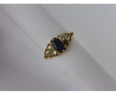 A Lady 's Antique 18 ct Yellow Gold, Sapphire and Diamond Ring, sapphire 6.4 x 4.3 mm, 5 x 5 pt old cut dias size N, approx 4