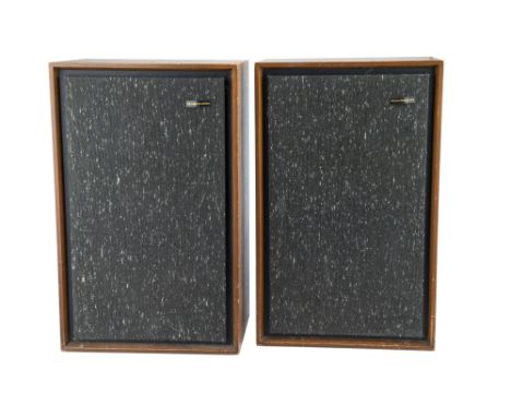 Two Large Goodmans Magnum-K Speakers,teak cabinets with two controls to the rear for mid and top, label reads Magnum-K High F