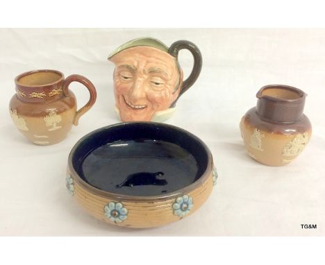 A Royal Doulton/Lambeth salt glaze jug, pitcher and bowl with a Royal Doulton 'Farmer John' Toby Jug