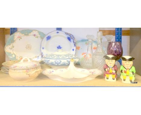 A shelf full of misc china items to include 2 Toby Jugs