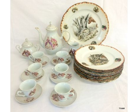 French Colonial coffee set with a country set of plates depicting hunting animals
