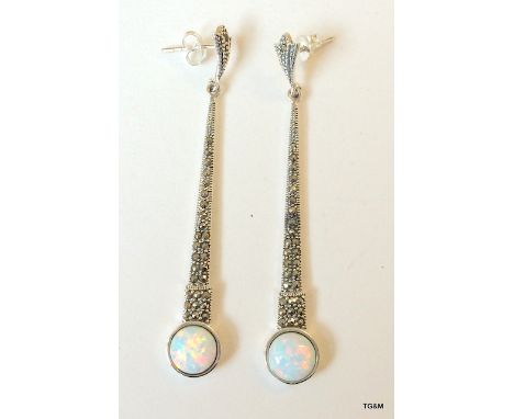 A pair of silver marcasite and opal drop earrings