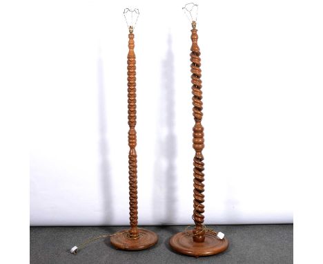 Welsh Arts &amp; Crafts oak standard lamp, Jim Harries of Mathry, Pembrokeshire, open barley-twist column, circular base, hei