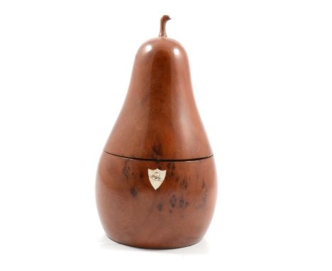 Reproduction yew wood pear-shape tea caddy, ivorine cartouche, 24cm.