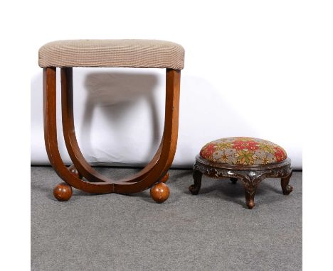 Art Deco style style dressing table stool, width 39cm, depth 32cm, height 43cm, and a Victorian carved walnut footstool, gros