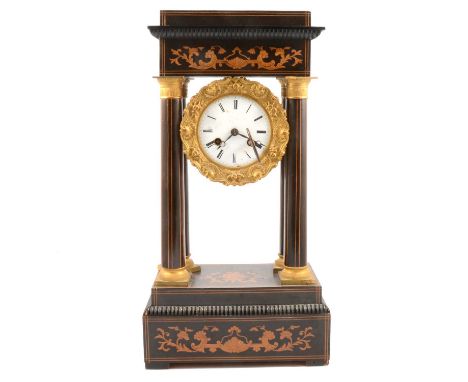 Charles X ebonised and marquetry portico clock, whote enamel dial with gilt metal surround, movement striking on a bell, lack