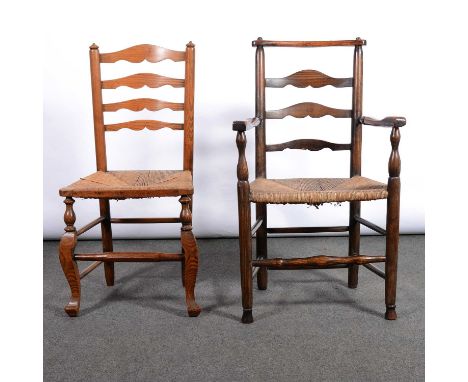 Victorian ash ladder-back elbow chair with a rush seat, width 61cm; another ladder-back elbow chair; and four various side ch