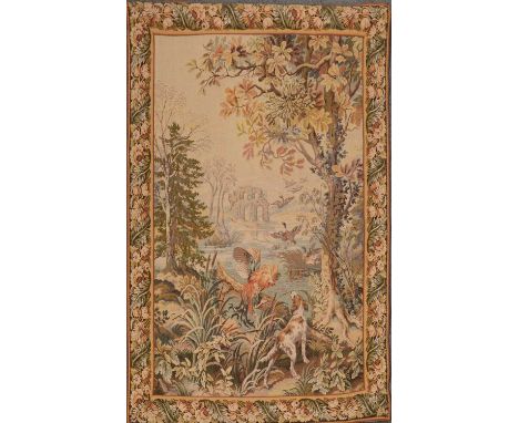 Modern machine made Aubusson style tapestry, hunting scene, 150 x 116cm.