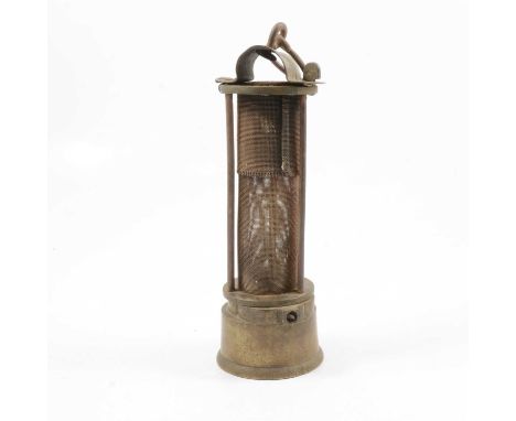 Miner's brass safety lamp, J Mills &amp; Son Newcastle on Tyne gauze cylinder, 22cm.