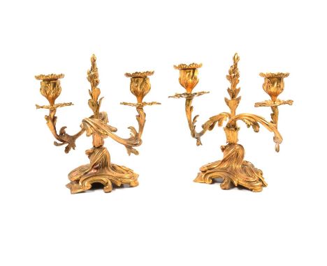 Pair of French ormolu two-light candelabra, late 19th Century, scroll bases, 22cm.