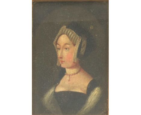 Victorian School,Miniature portrait of a Tudor Lady,unsigned, oil on millboard,8x6cm.
