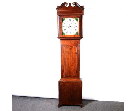 Oak and mahogany longcase clock, square painted dial with subsidiary second dial and date aperture, painted floral spandrels,