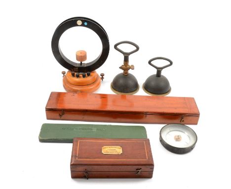 Scientific equipment including J Halden &amp; Co rule, a Sikes' hydrometer by Farrow &amp; Jackson, and others.